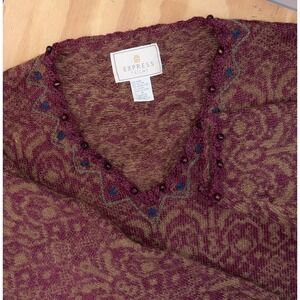 Express Tricot Mohair Wool Maroon Tapestry Fringe Tunic Sweater Boho Medium VTG